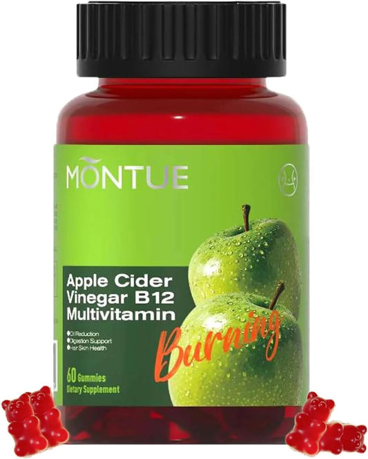 MONTUE Apple Cider Vinegar Gummies B12 Multivitamin,ACV Supplement Gummy Vitamins,Non GMO, Vegetarian Supplement for Women & Men,Support Normal Energy Levels & Gut Health 60 Gummies